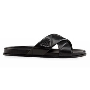 Prada Quilted Criss Cross Strap Black Leather Logo Slide Sandal Mule Flat 39.5